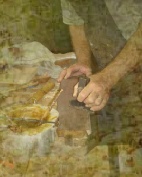 Placage  au marteau d'une traverse de fauteuil.